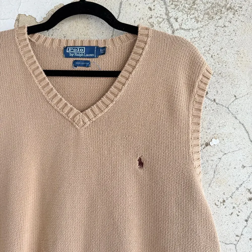 Polo Ralph Lauren Sweater Vest Vtg 90s Tan 100% Cotton Knit V Neck Hong Kong XLT